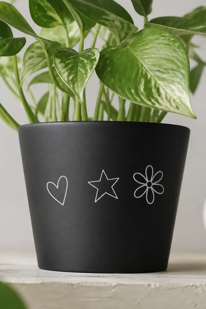A pot painted in matte chalkboard black. On the front are white doodles: a small heart, a star, and a simple flower outline.