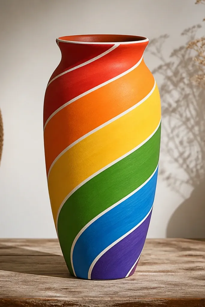 A tall earthen pot painted with a smooth rainbow spiral from near the base up to the rim, with each color band separated by thin white lines.