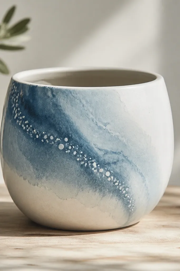 A pot with a watery blue watercolor wash across one side, fading lighter toward the edges. Along the border are small white dots like bubbles.