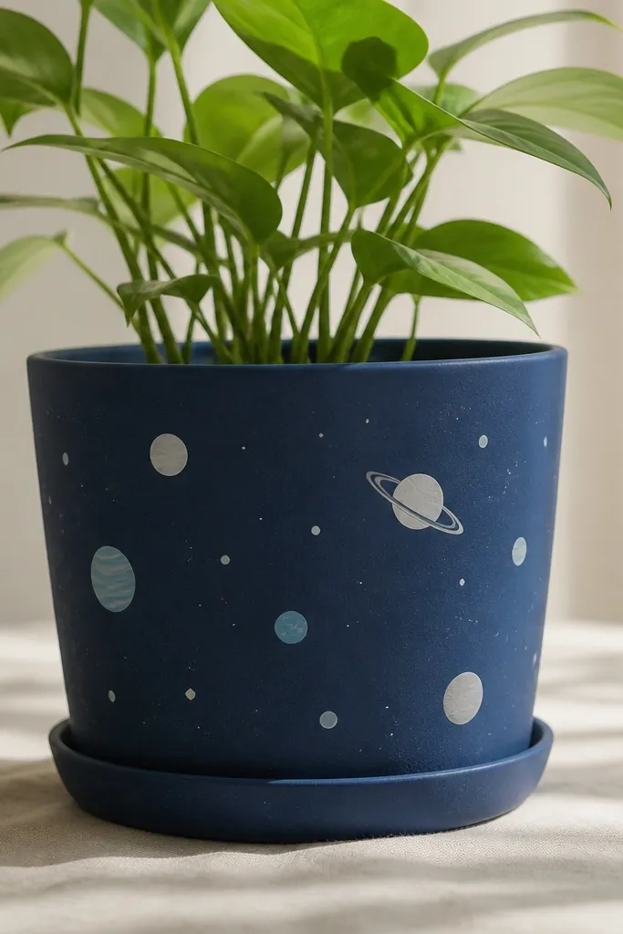 A pot with a deep midnight blue base. There are small planet circles in light blue, gray, and white, plus a ring detail on one planet.
