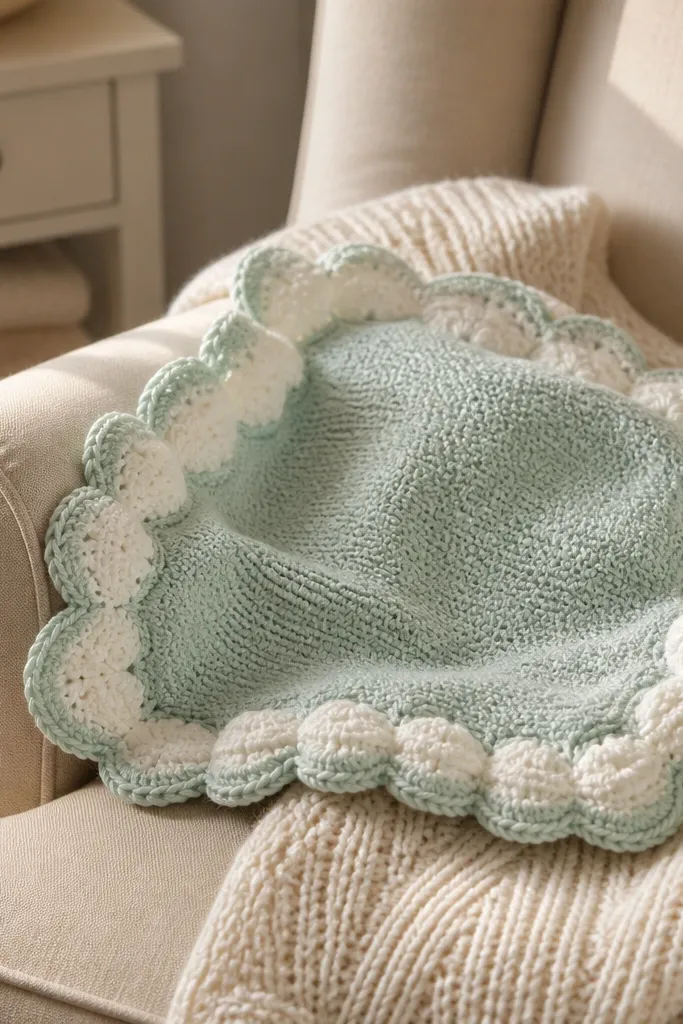 A soft white crocheted square with scalloped cloud edges
