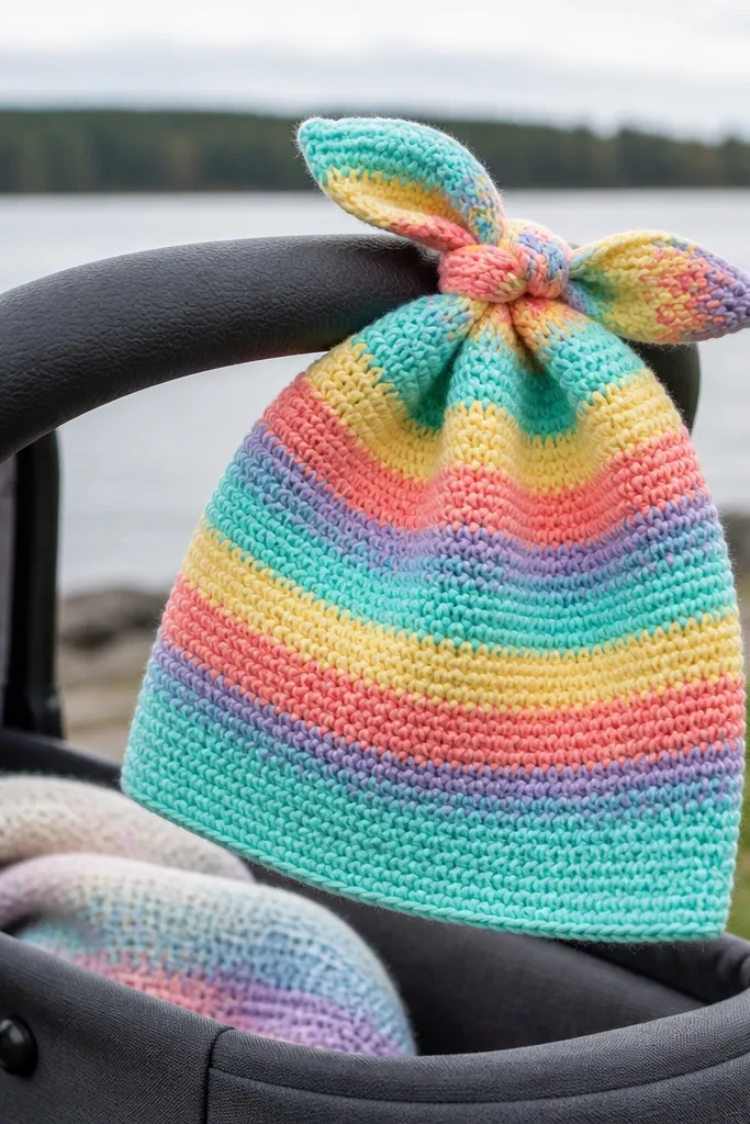 A rainbow striped baby beanie with a small tied top knot