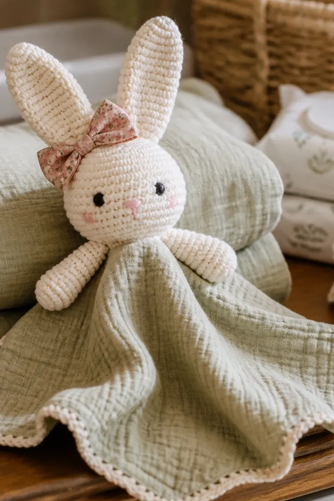 A small crocheted bunny face with long ears and a tiny bow