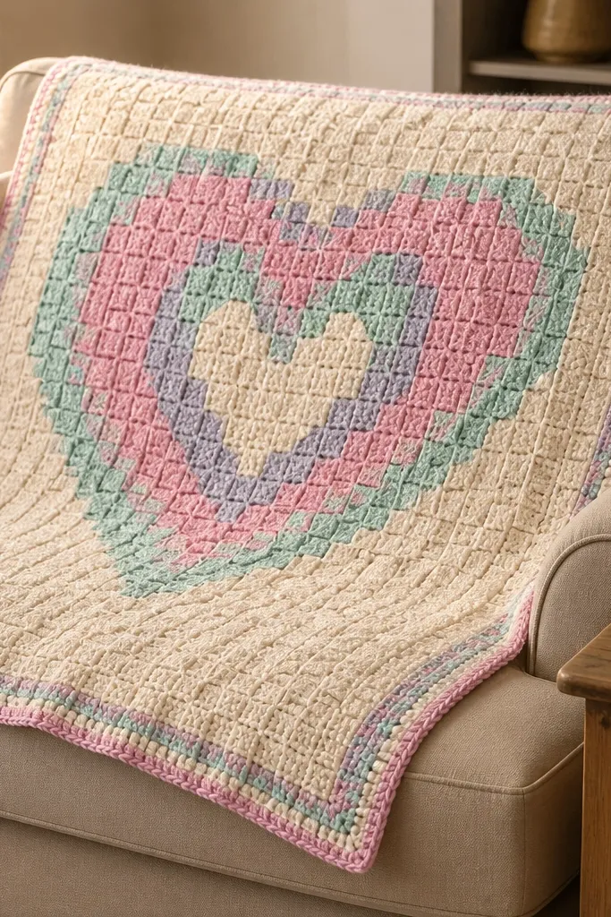 A baby blanket with repeating crochet hearts in pastel colors