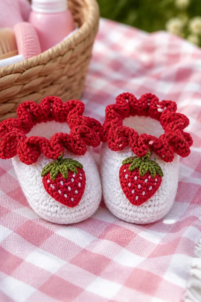 Red strawberry-themed baby booties with tiny white dots and a ruffled edge