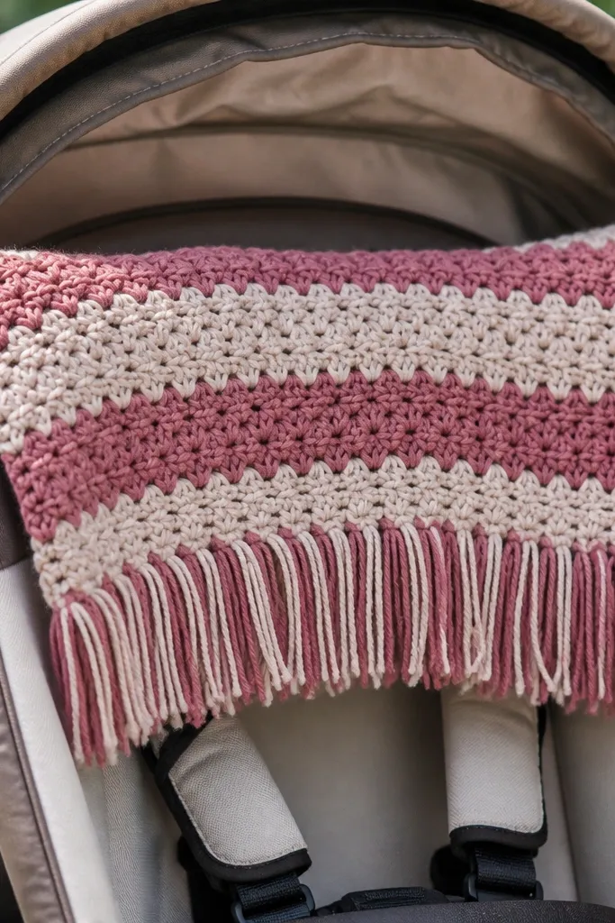 A two-tone baby scarf with short fringe ends in soft colors