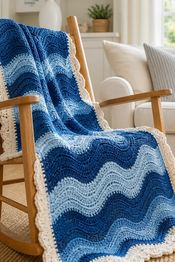 A baby blanket with wave rows and a scalloped shell-like border