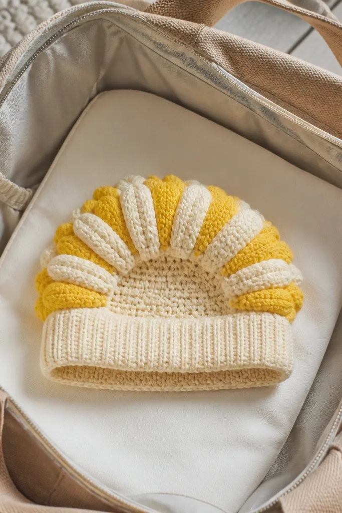 A bright baby hat with a sunburst puff crown and simple brim