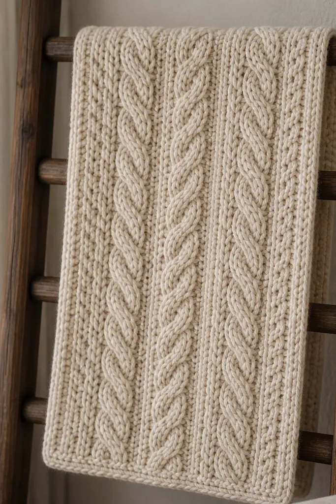 A cream blanket panel with cable-like crochet ridges