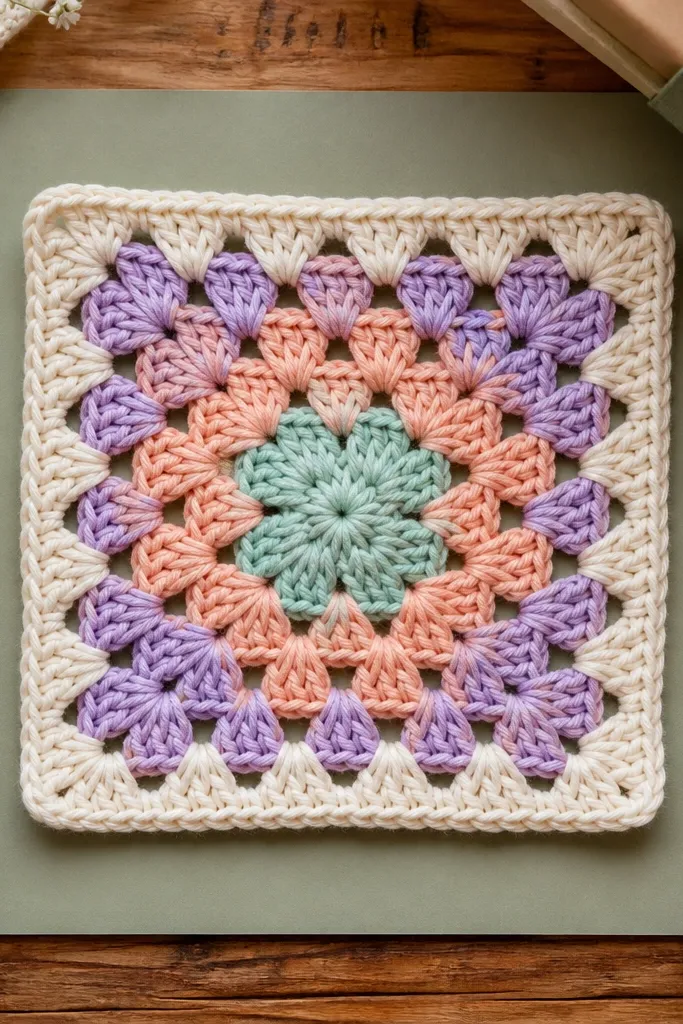 A pastel granny square with thick contrasting border stripes