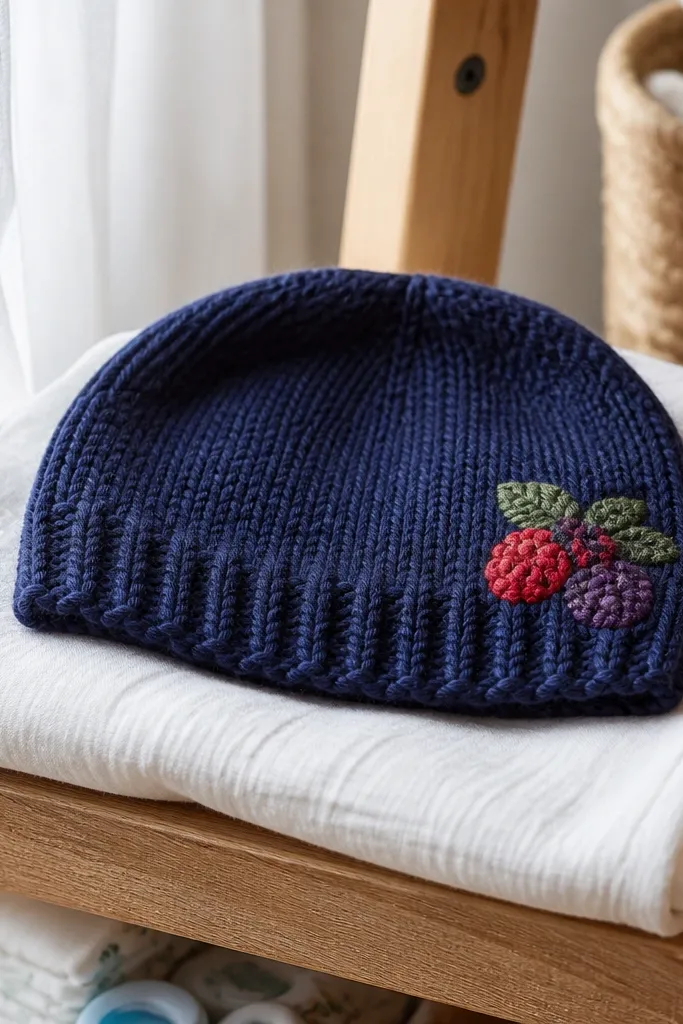 A simple beanie with a crocheted berry patch applique on the side