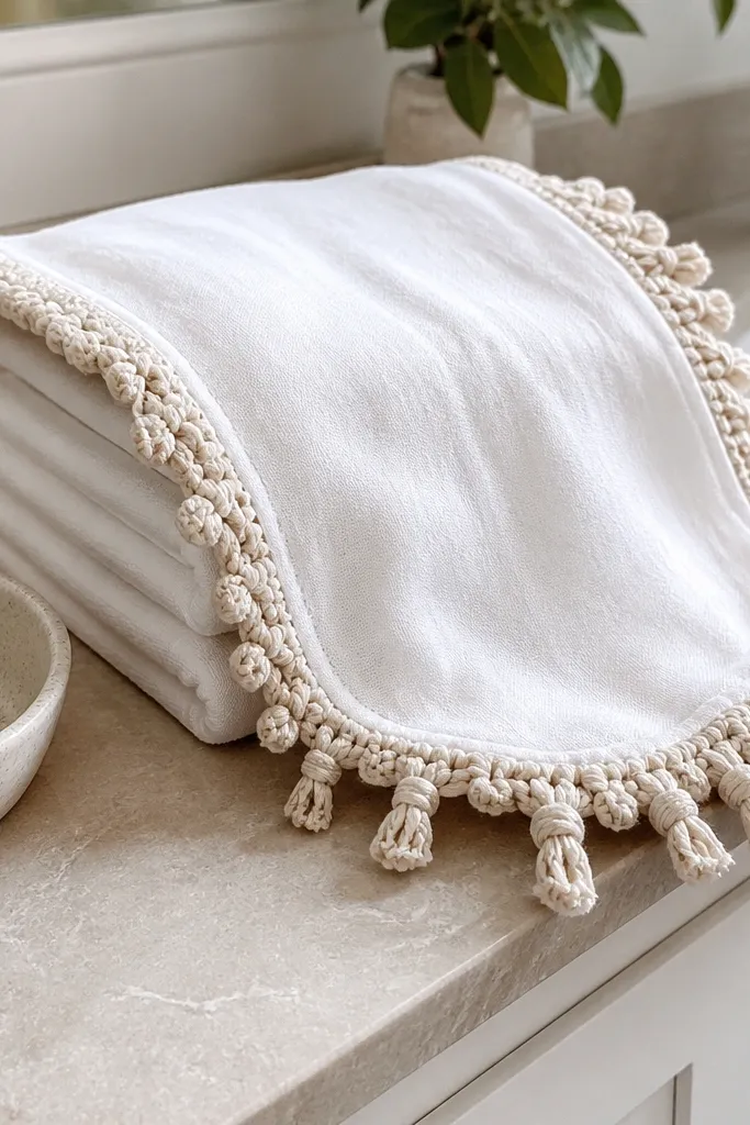 A burp cloth cover with small knot-like fringe along the edge