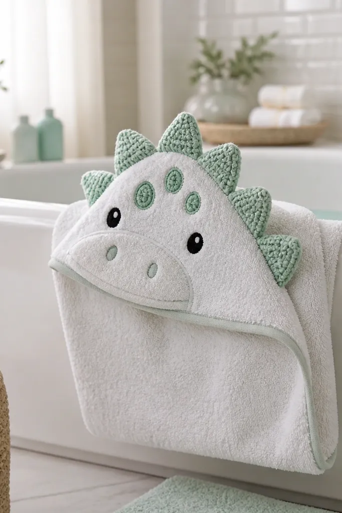 A hooded baby towel with a crocheted dino face and spikes