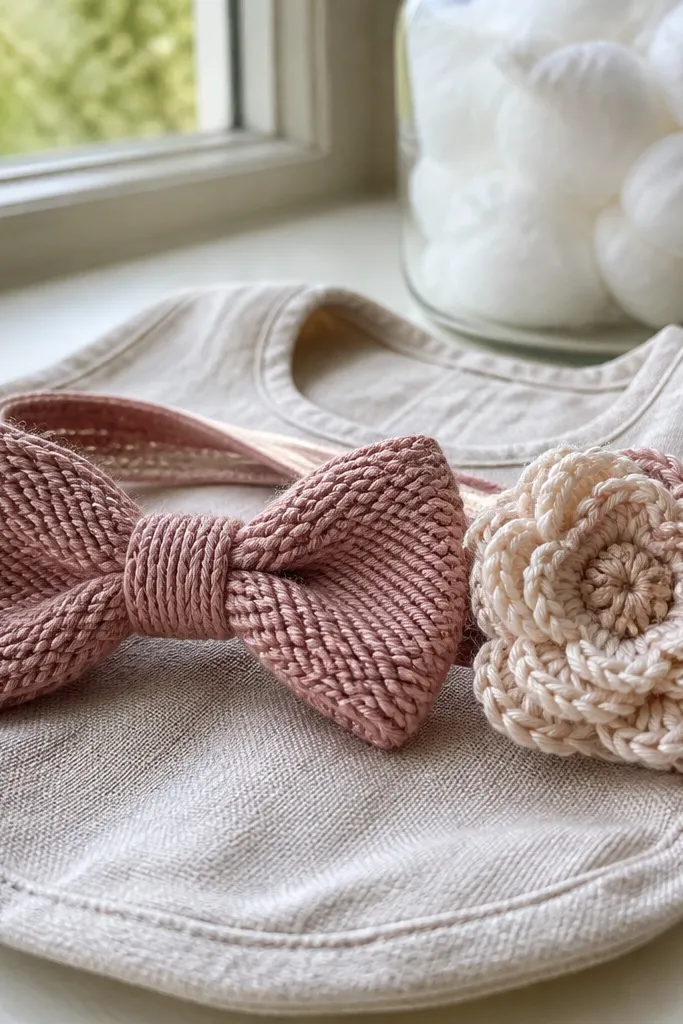 A baby headband with a bow and a textured flower on the side