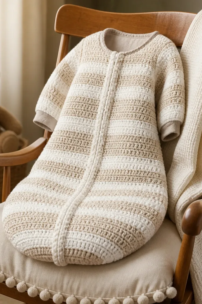 A striped crocheted cocoon cover with a smooth front and neat edge