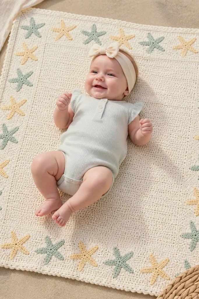 A pastel blanket with a starfish-shaped border pattern along the edge