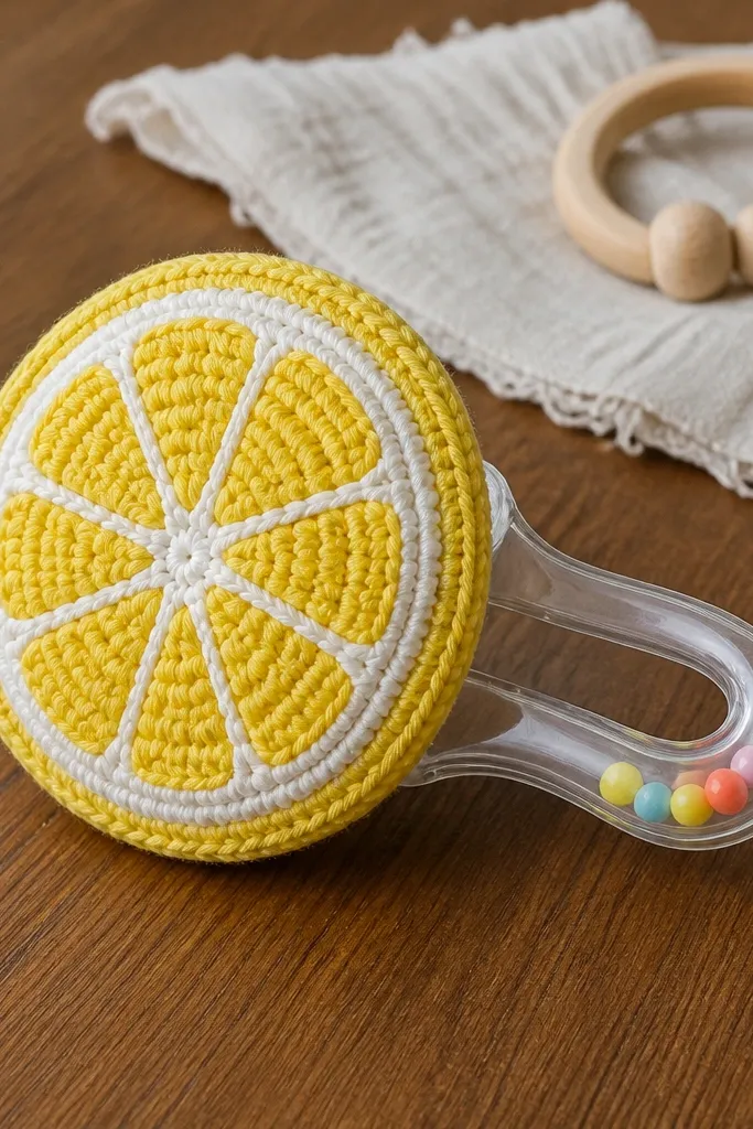 A crocheted lemon slice cover with textured ridges and a small loop handle