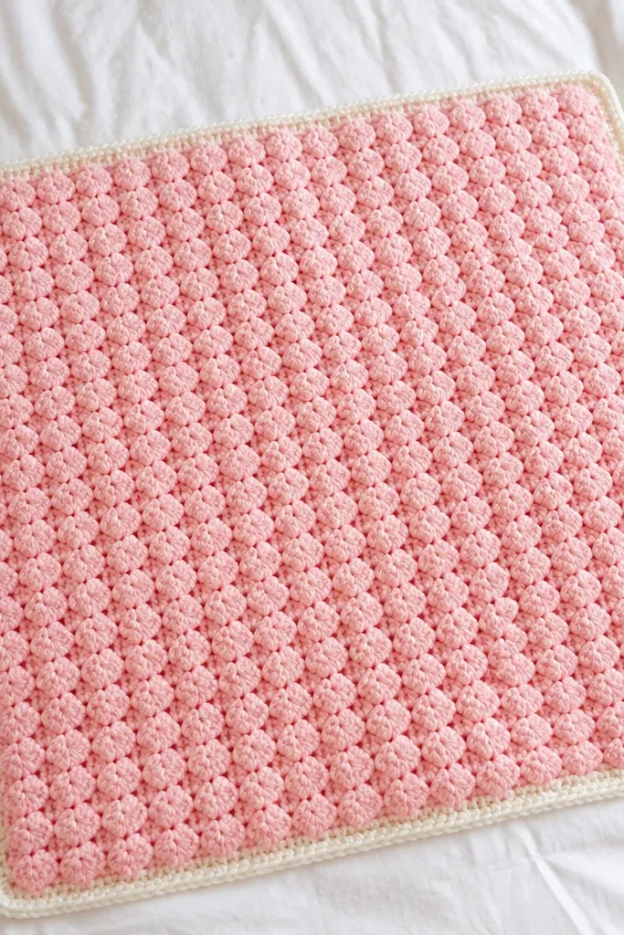 A peach baby blanket with raised puff stitch texture and a clean border
