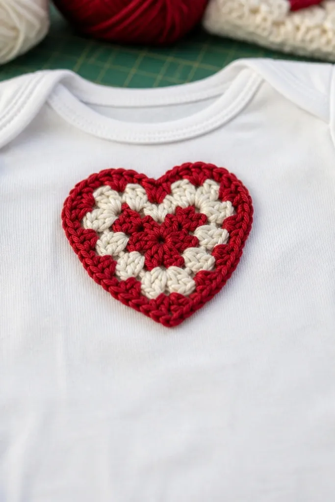 A crocheted mini heart applique attached to a baby onesie