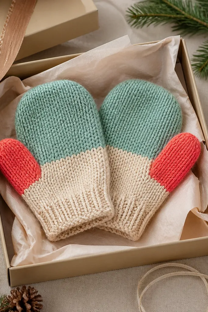 Two-tone baby mittens with contrasting thumb sections