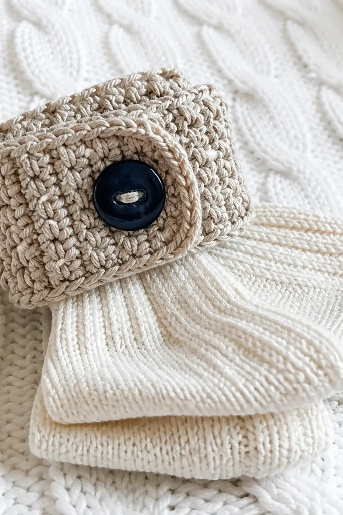 Crocheted baby boot cuffs with a small button detail