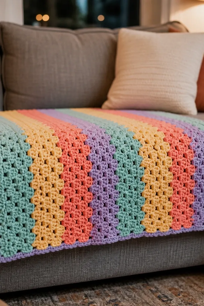 A small baby blanket with rainbow granny band stripes and a neat border