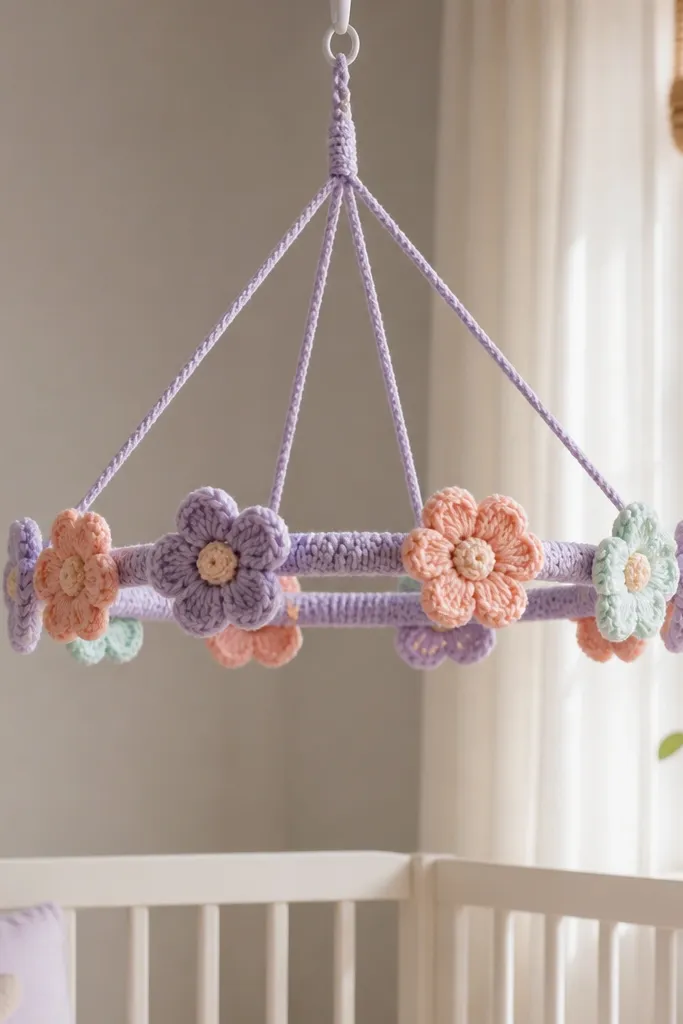 A crocheted ring with small pastel flowers around the edge