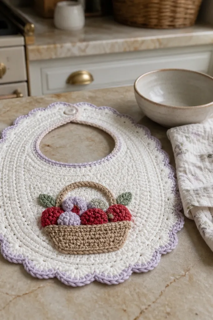 A crocheted bib with a scalloped edge and a berry basket applique