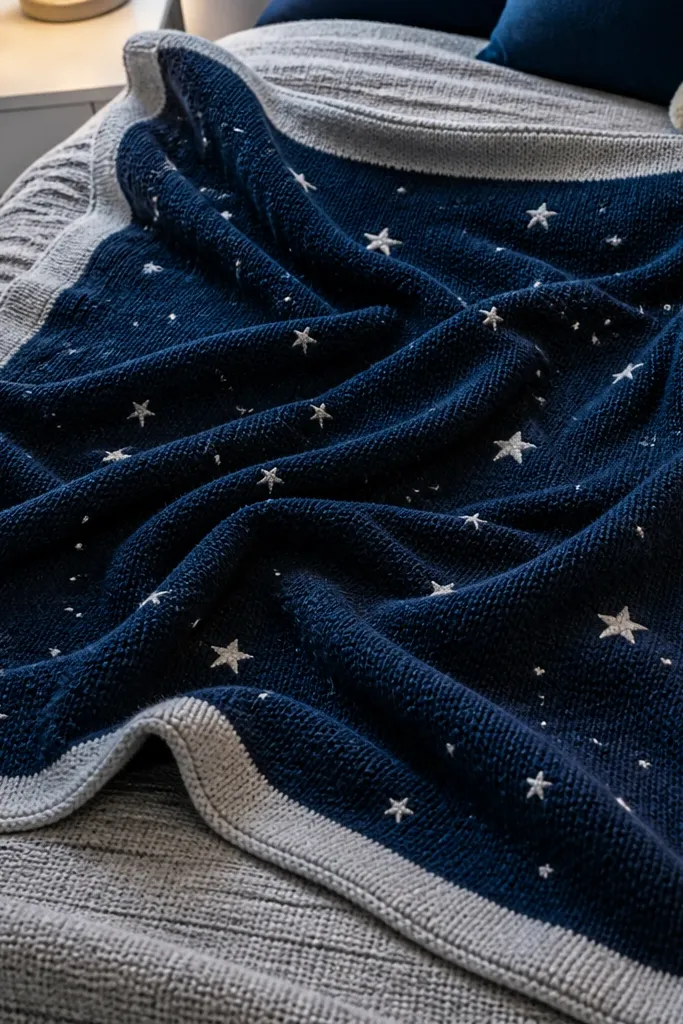 A dark baby blanket with scattered tiny star stitches and a light border