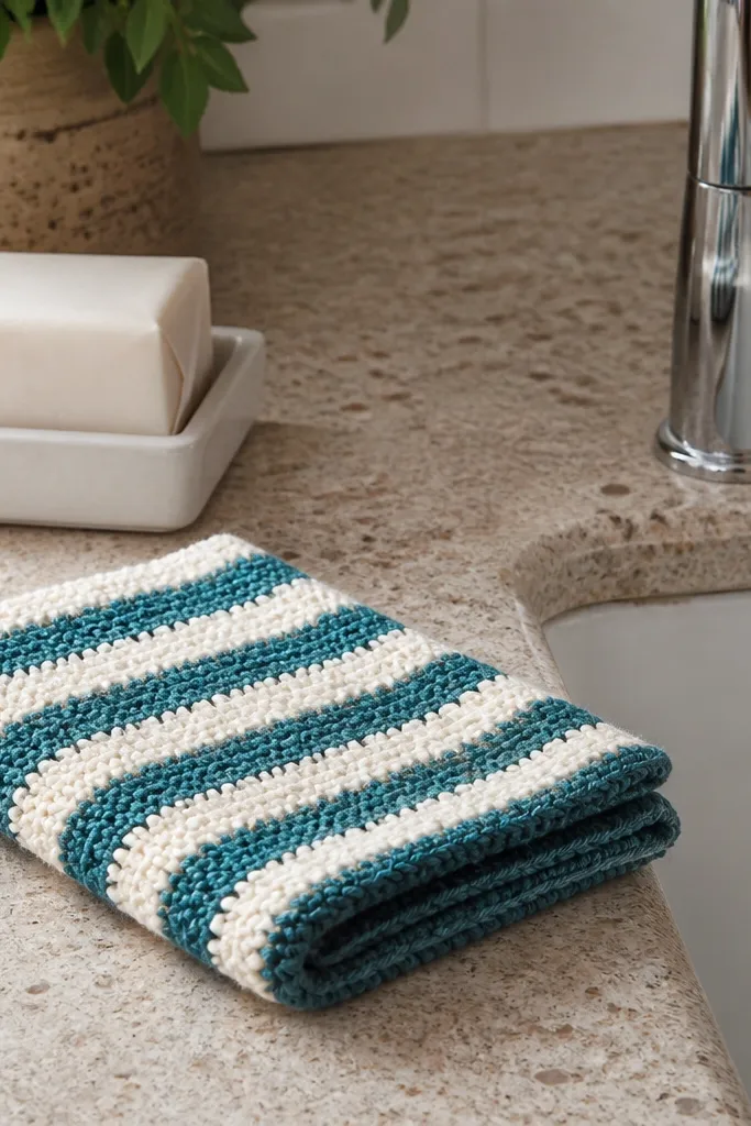 Two-tone crochet washcloth with wide granny stripe bands