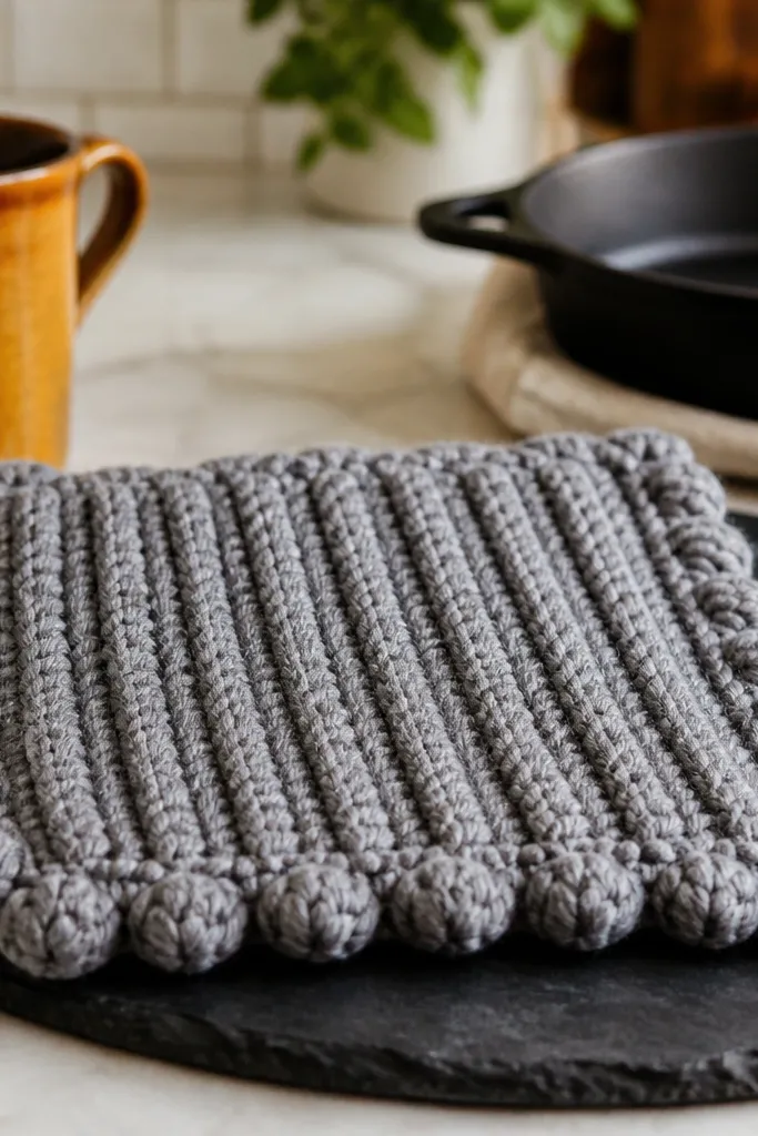 Chunky ribbed crochet hot pad with a neat button-like edge