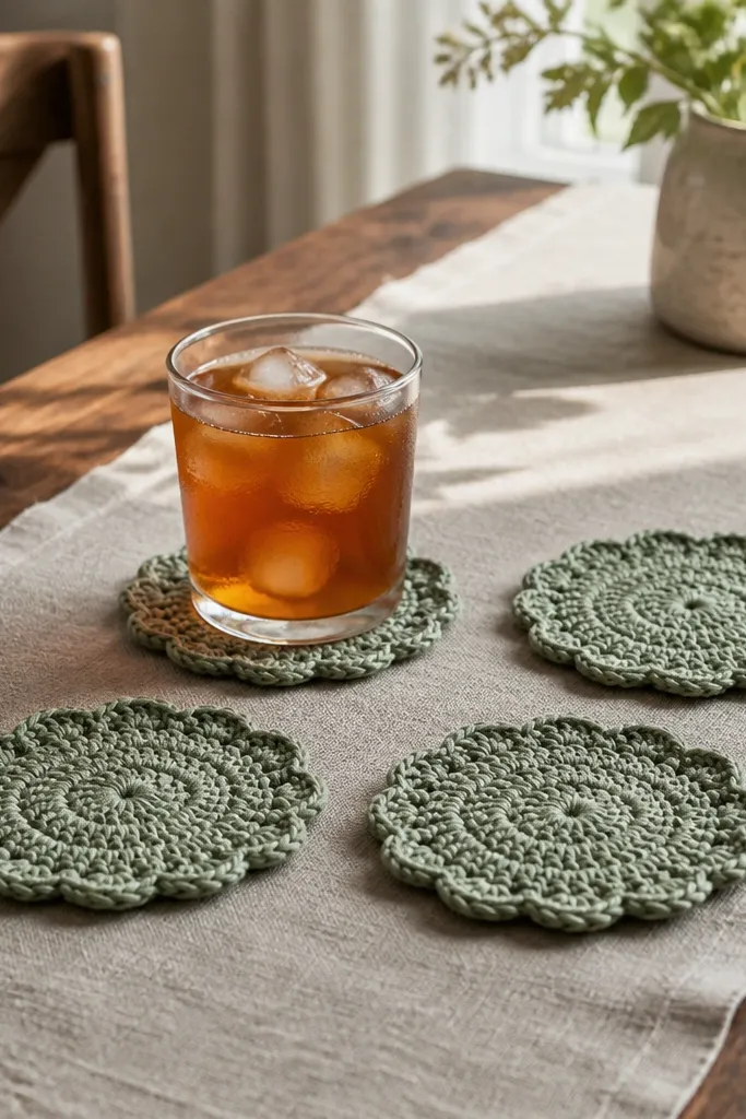 Set of four crochet coasters with scalloped outer edges