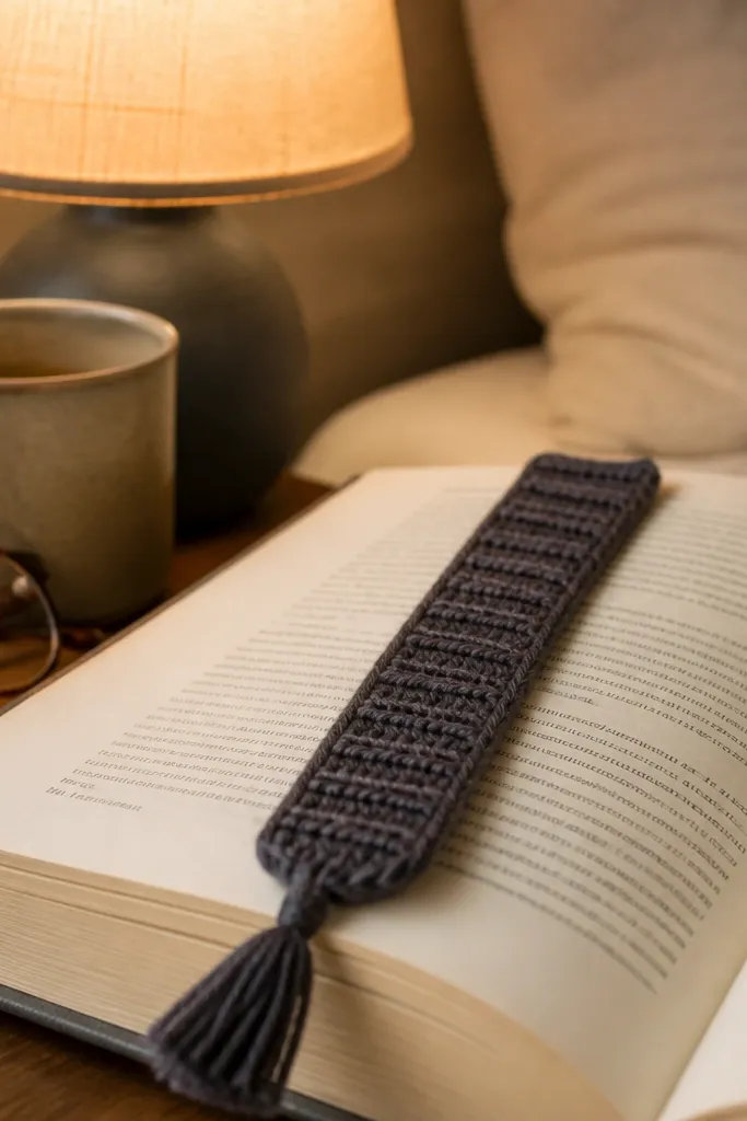 Crochet bookmark with a textured vertical stripe and tassel