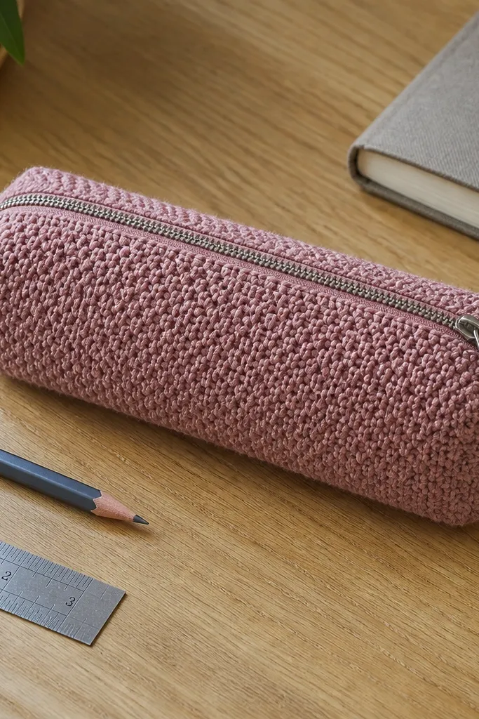 Seed-stitch crochet pencil case with a zipper and clean top edge