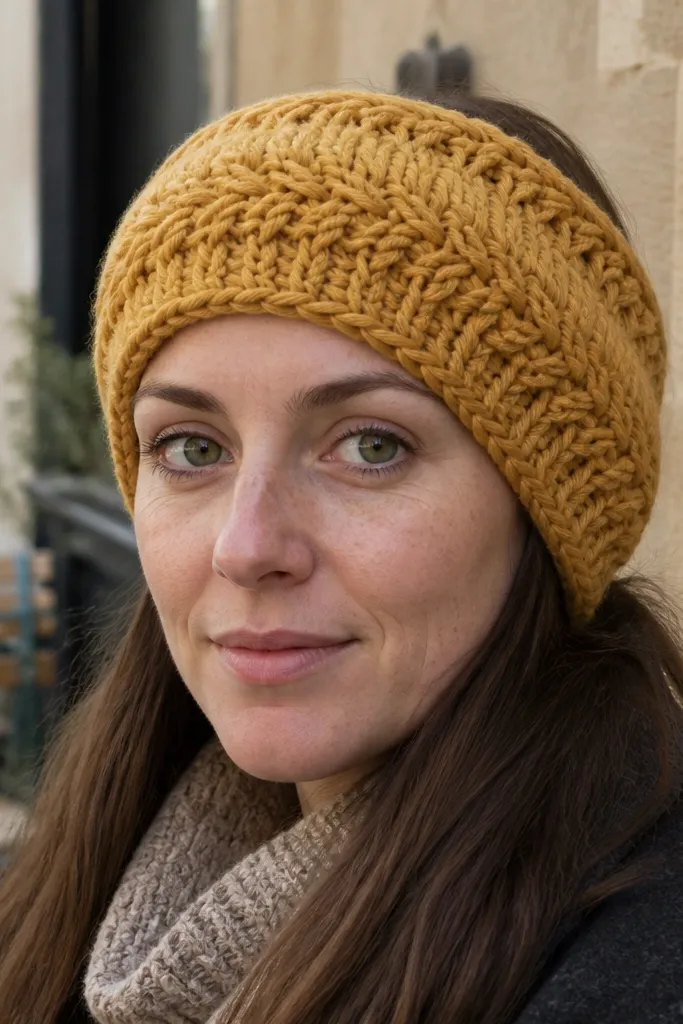 Ear warmer headband with braided-looking texture and neat edge