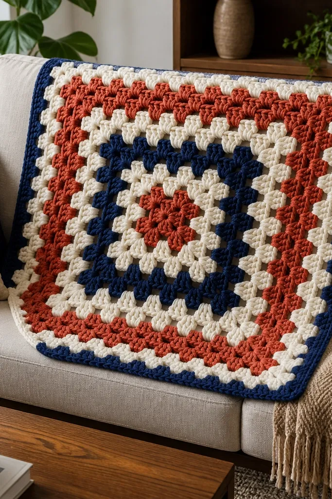 Large granny square panel for a cushion cover with bold border