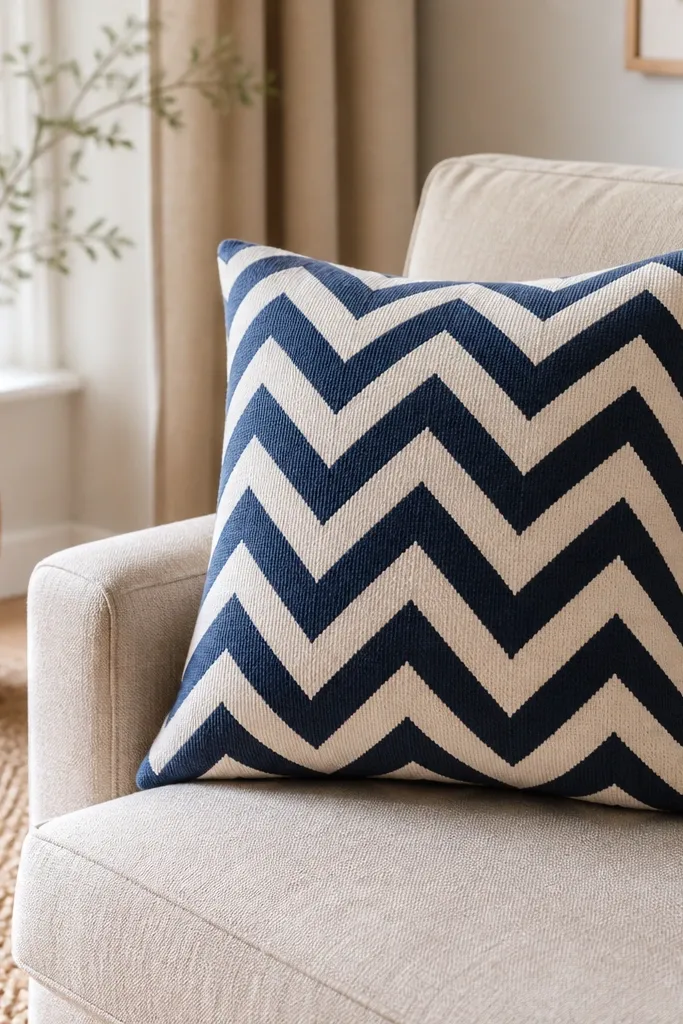 Two-color chevron crochet panel for a pillow with sharp zigzags