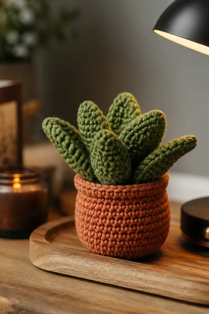 Small crochet plant pot with textured leaf shapes on top