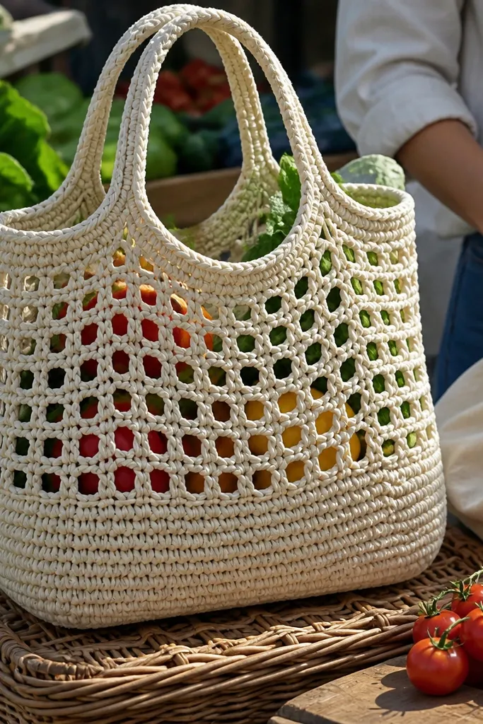 Crochet market bag with openwork sides and a solid base