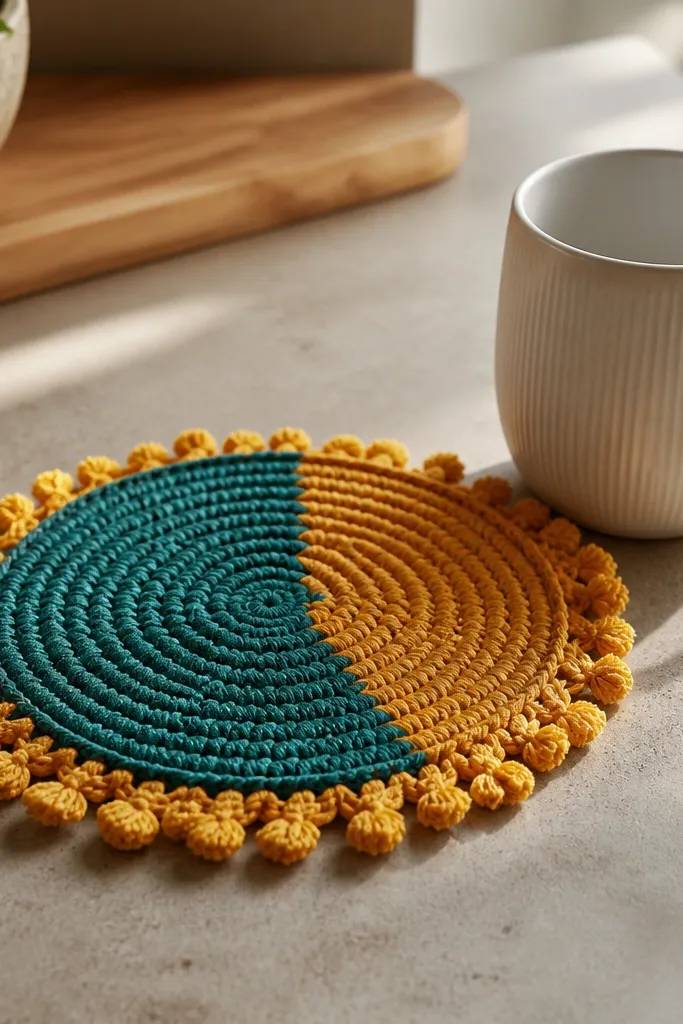 Color-block crochet coaster with a small fringe detail on one corner