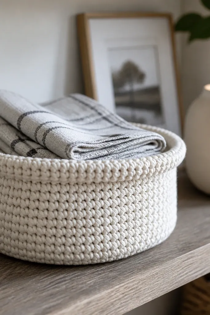 Sturdy crochet storage basket with a rolled rim and handles