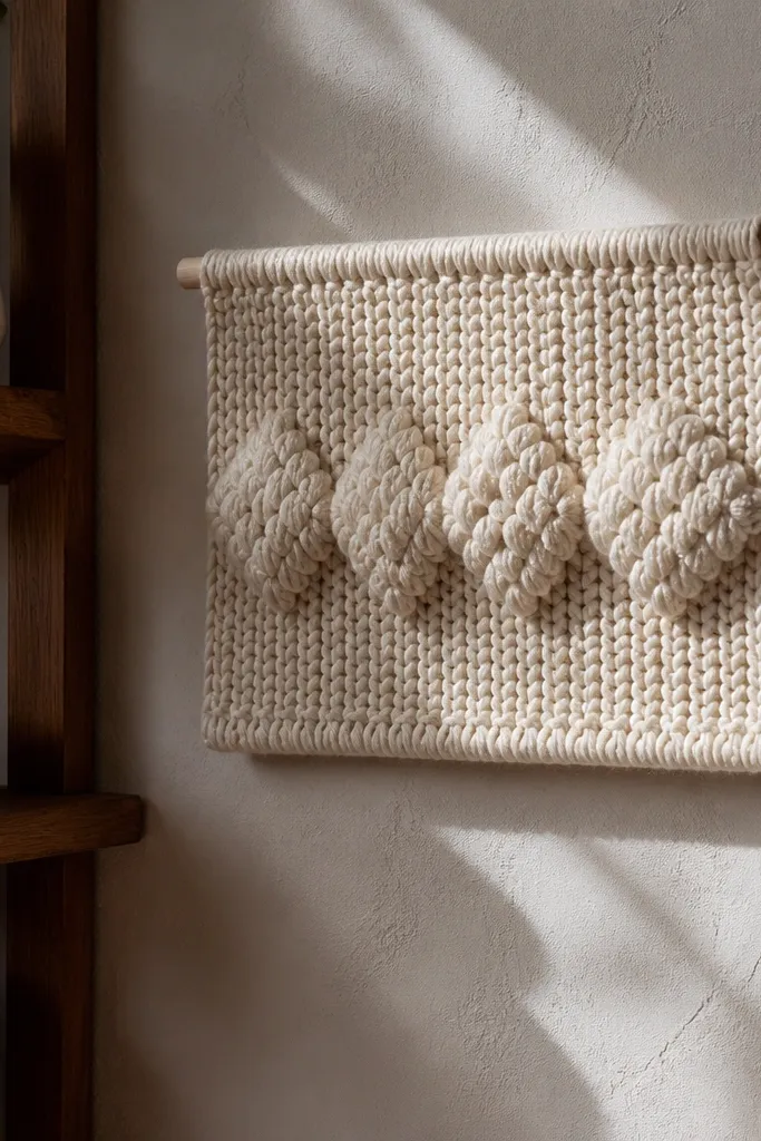 Mini wall hanging with raised puff stitch pattern on a neutral background