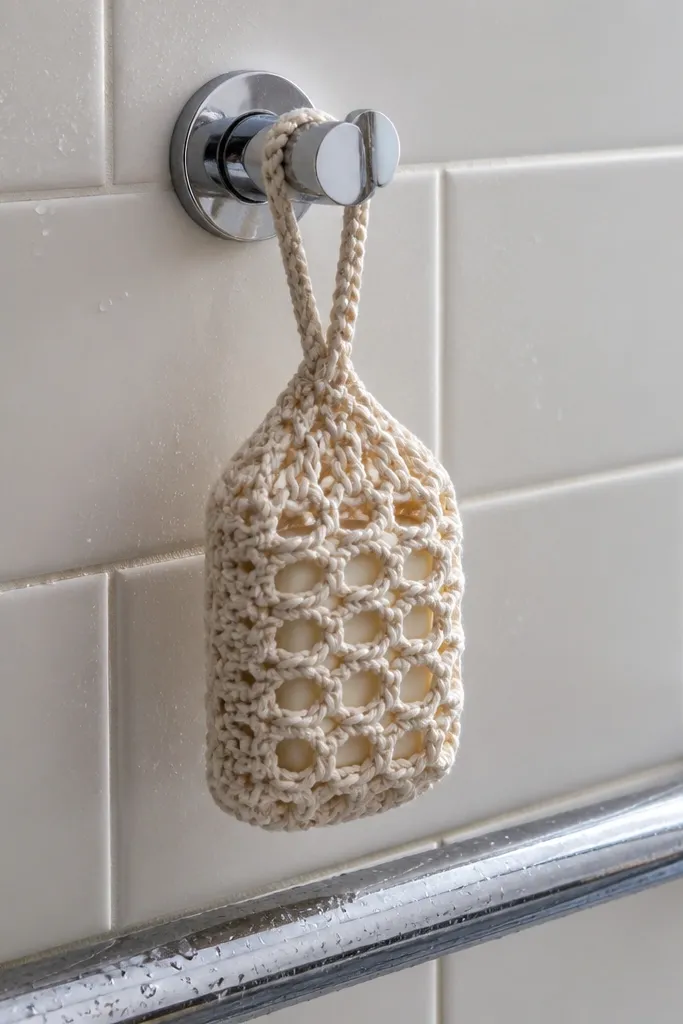 Crochet soap saver with a lacy mesh and a hanging loop