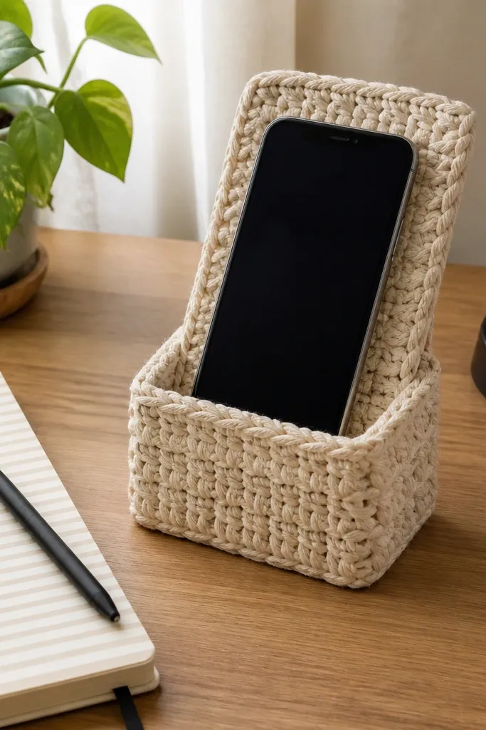Phone stand crochet piece with a basket-weave texture and folded back