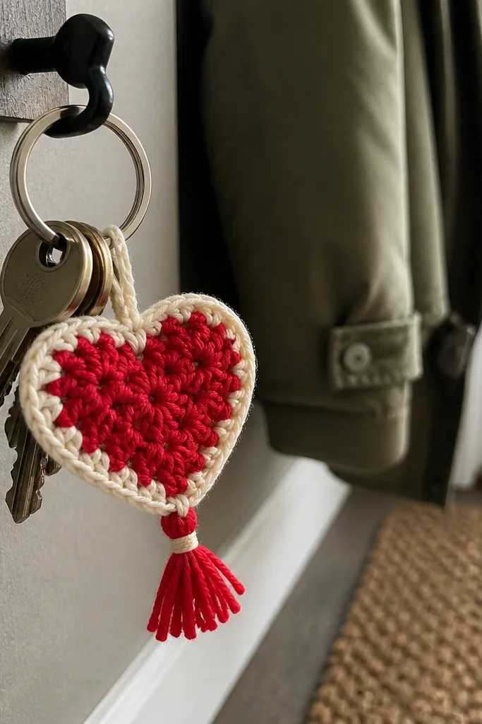 Keychain with a mini granny heart charm and small tassel