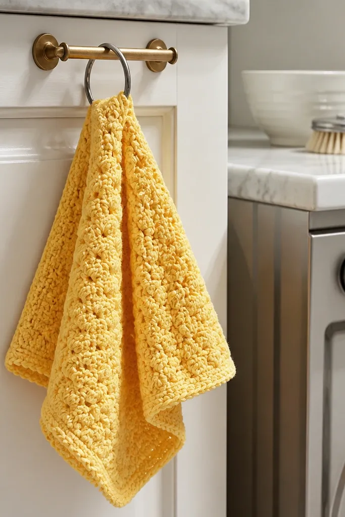 Dish towel with lemon peel texture and a hanging ring