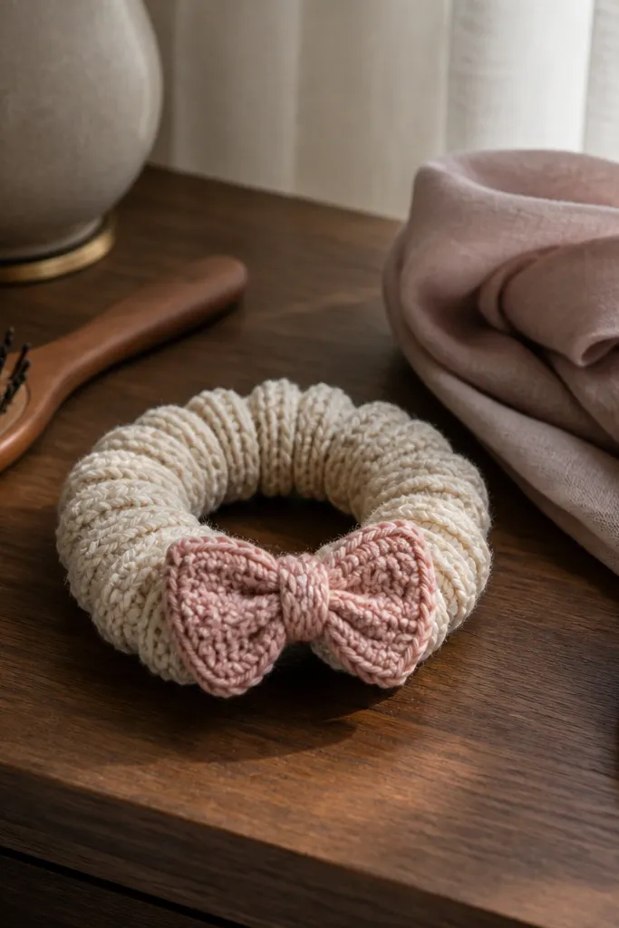 Ribbed crochet scrunchie with a small bow center