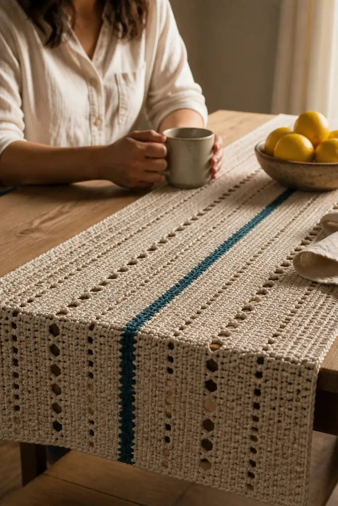 Table runner with eyelet rows and a neat border edge