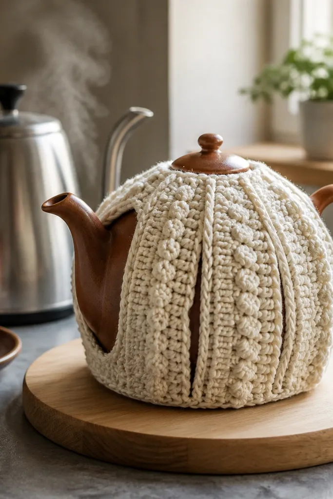 Tea cozy with vertical textured panels and a snug fit around a teapot