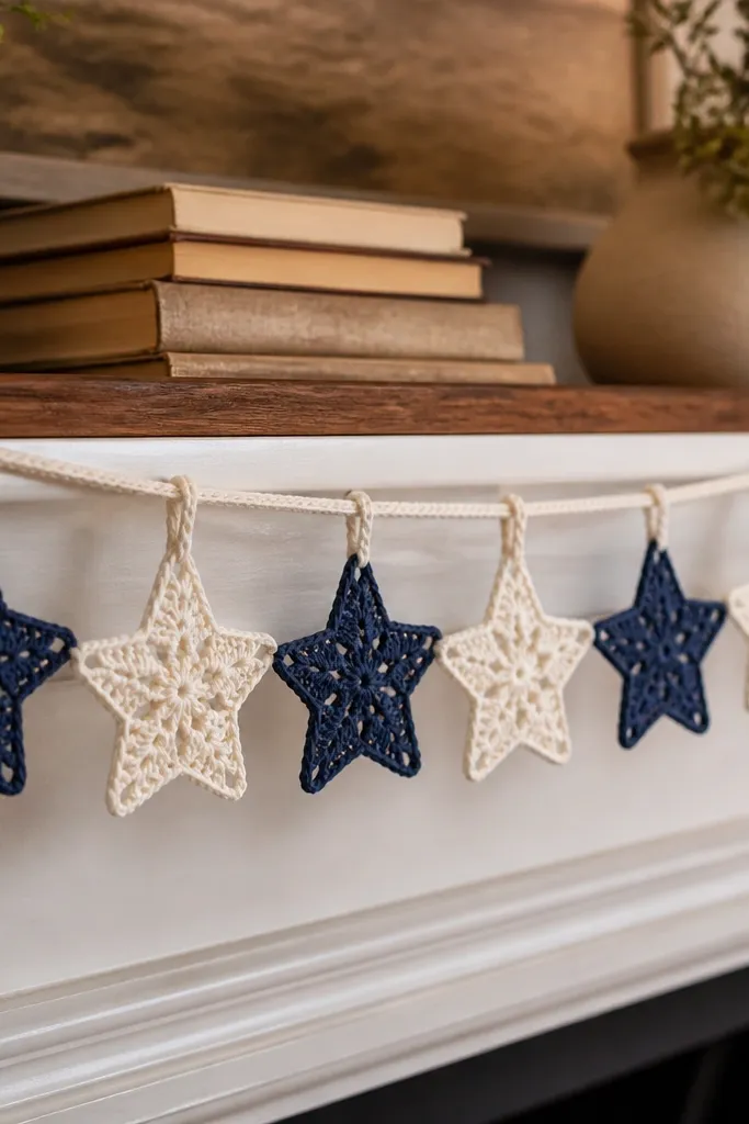 Small crochet star garland with loops for hanging